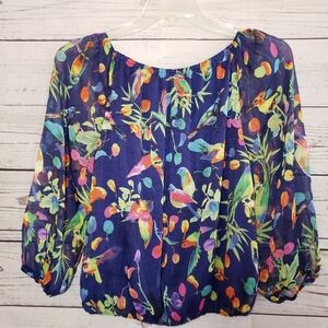 Philosophy middriff semi sheer blue top with birds